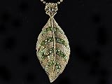 Vintage Tone Peridot Green Dragonfly Crystal Rhinestone Leaf Pendant Necklace