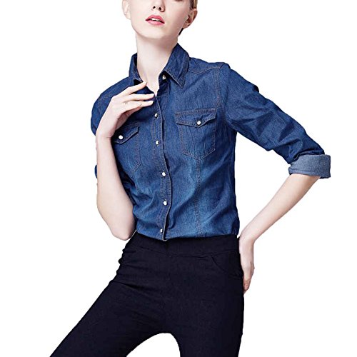 Froomer Women's Long Sleeve Pocket Denim Button Down Blouse