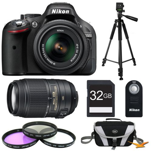 Nikon D5200 24.1 MP CMOS Digital SLR with 18-55mm f/3.5-5.6 AF-S DX VR NIKKOR Zoom Lens (Black) & 55-300mm VR Lens and Filters Bundle - Includes 32GB Secure Digital SD Memory Card, Compact Deluxe Gadget Bag, ML-L3 Remote Control, Filter Kit, and Tripod On Sale
