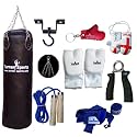 Vinyl Black Punch Bags Set 3 feet with Free Chrome Plated chain, Bag Mitts, Heavy dute Metal Ceiling Hook, Nylon Skipping Rope Blue, Boxing Glove UK Flagged Miniature and novelty, Boxing Gloves Key Chain Red and Blue Hand Wraps