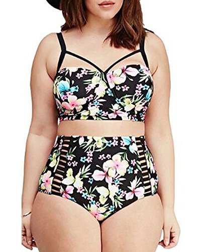Lalagen Women's Strappy Hollow Out Floral Swimwear Plus Size High Waist Bikini Sets