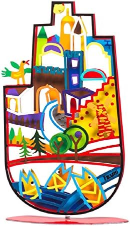 Jerusalem Wall Hamsa Hand with Stand By Tzuki Art. Height: 9.1" / 23cm, Width: 5.5" / 14cm