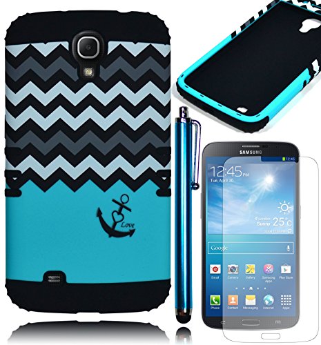 Bastex Heavy Duty Hybrid Teal Love Anchor Chevron Design Case Cover with Black Soft Protective Silicone Shell for Samsung Galaxy Mega 6.3 i527 **INCLUDES SCREEN PROTECTOR AND STYLUS