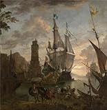 Oil painting 'Hendrik van Minderhout - Oriental Seaport, 17th century' printing on expensive quality polyster Canvas , 18x19 inch / 46x47 cm ,the best Bar decor and Home decor and Gifts is this Vivid Art Decorative Canvas Prints