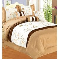7 pieces Embroidered Bed in a Bag Comforter Set - Beige/Gold , King, Beige/Gold