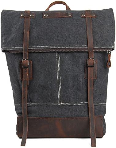 BESTTRENDY Leather Canvas Backpack School Bag Shoulder Bag Khaki (Gray)