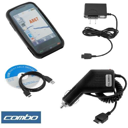 Black Rubber Silicone Skin Cover Case + Rapid Car Charger + Home Travel Charger + USB Data Cable for AT T Samsung Eternity SGH-A867 Cell Phone