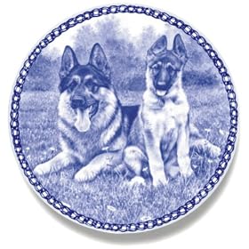 German Shepherd and Puppy: Danish Blue Porcelain Plate by Lekven Designs
