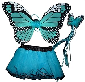 Child Monarch Fairy Wing, Matching Tutu & Wand 3-pc Set - One Size- 2-5 Yrs - Blue