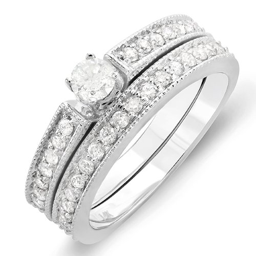 14k White Gold Brilliant Round Cut Diamond Ladies Bridal Ring Engagement Matching Wedding Set 1 2 CT (0.50 cttw - H-I Color - SI-I Clarity)