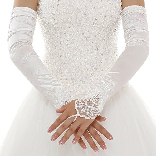 ShangYou Long Bridal Prom Lace Fingerless Gloves for Wedding Party White