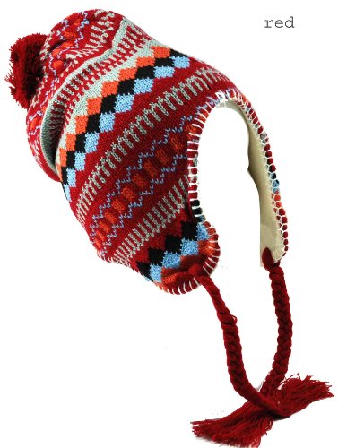 9102 Red Handmade Chullo Fleece Lined Ski Napa Hat Trooper Trapper with Ear Flaps Winter Knit Beanie Mountaineering Skull Cap Women