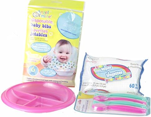 On the Go Baby Girl Bundle - Includes Disposible Baby Bibs, Divided Plate, Infant Flatware and Wipes. Resealable Packs. (Pink)