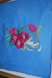 Embroidered Medium Blue T with Pink Flowers Adult-L