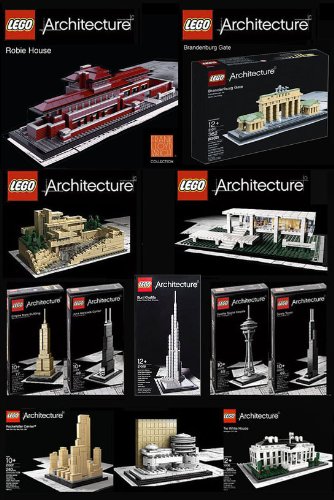 LEGO Architecture Set of 12 - Robie House, Frank Lloyd Wright Fallingwater, Frank Lloyd Wright Guggenheim Museum, Brandenburg Gate, Rockefeller Center, The White House, Empire State Building, John Hancock Building, Seattle Space Needle, Sears (Willis) Tower, Farnsworth House and Burj Khalifa
