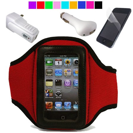 Workout Armband for Apple ipod Touch 4th Gen, Armband Arm Length 12 with bonus Clear Screen Protector for iPod 4g, USB Car Charger for 4th Gen iPod Touch and USB Wall Charger for iTouch 4g (Red)