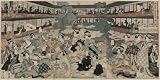 51eRu454OYL. SL160  Poster Print of Artwork showing a gathering of men and women socializing and playing musical instruments in the courtyard of a yoshiwara, with the activities illuminated in the many rooms of the two story building