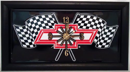 2, Bowtie Quartz Clocks, on a Chevy Bow Tie on CHECKERED FLAGS Metal Sign, Enclosed by a Black Wood Holder, 25A5.0&17A4.0