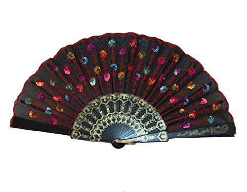 Liroyal Peacock Pattern Sequin Fabric Hand Fan Decorative Fashionable (Green)