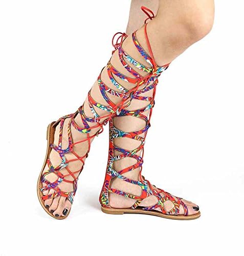 Qupid Athena-902 Women's Gladiator Sandal Knee High Lace Up Tie Flat Heel Open Toe, Floral, 7.5 B (M) US