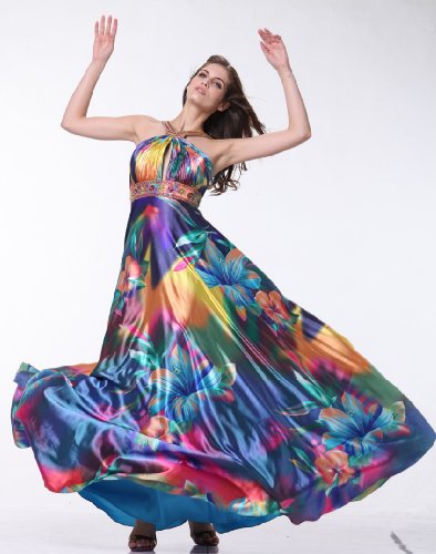 2140 SATIN HIGHT NECK PRINT EVENING PROM LONG GOWN