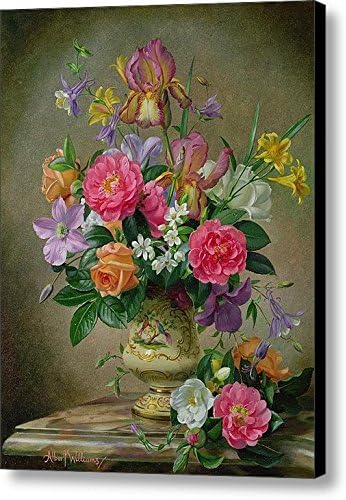100% Hand Painted Modern Oil Painting On Canvas Wall Unframed,Peonies And Irises In A Ceramic Vase Canvas ,Size: 16 x 20 inch canvas
