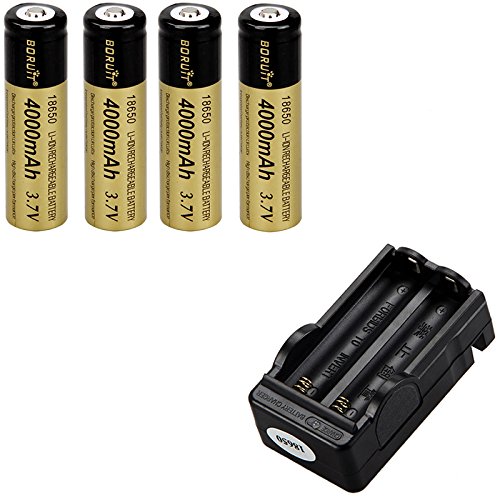 4PCS 18650 4000mAh 3.7V Protected Rechargeable Lithium Battery with Fast Li-ion Battery Charger for Handheld Flashlight Headlight Headlamp and Torch (4pcs batteries+charger)