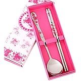 Sealike Metal Stainless Steel Chopsticks and Spoon Set Pink Rose Pattern with Stylus