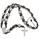 Mens Hip Hop Style 18 pcs Rhodium Plated Diamond Shaped Beads Jesus Face Black Faceted Crystal Ball Beads Adjustable Rosary Chain (26 Inch Necklace x 7 Inch Drop)