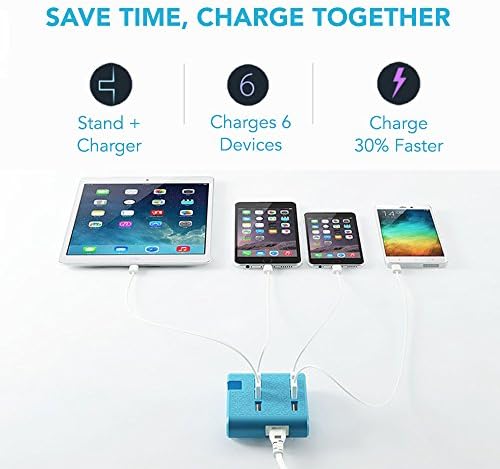 Kimlen 6-port USB Charge Station- Multiple USB Charger with Device Stand (Blue)