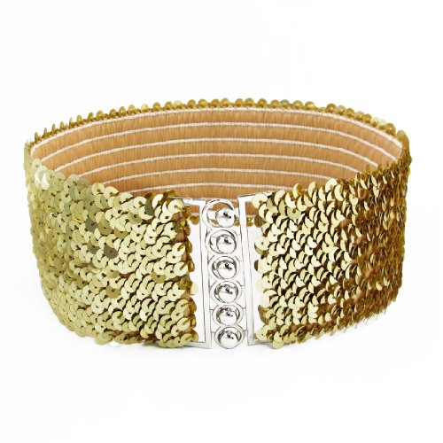 Women Interlock Buckle Gold Tone Sequin Detail Elastic Cinch Belt