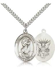 .925 Sterling Silver Saint St. Christopher / Navy USN Sailor Seaman Protection Gift Medal Pendant 1/2 x 1/4 Inches Travelers/Motorists-9022- Comes with a SS Lite Curb Chain Neckace And a Black velvet Box