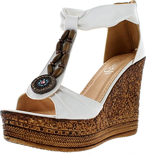 Refresh GRITA-02 Women's Beaded Platform Ankle Strap Cork Wedge Heel Sandal
