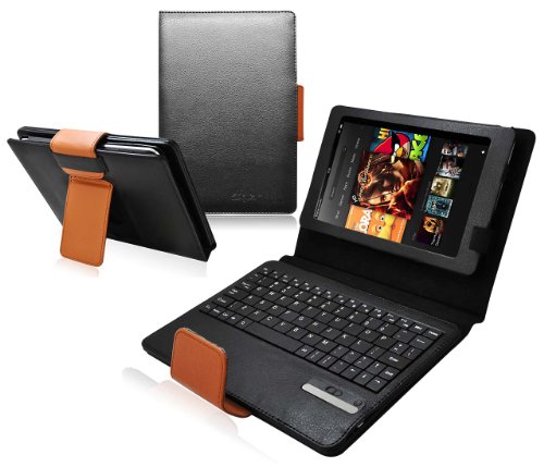 Ionic Bluetooth Keyboard Android Tablet Stand Leather Case Cover Fits Latest Generation Amazon Kindle Fire HD7 HD 7 inch Android Tablet (2nd gen) (Black/Brown)