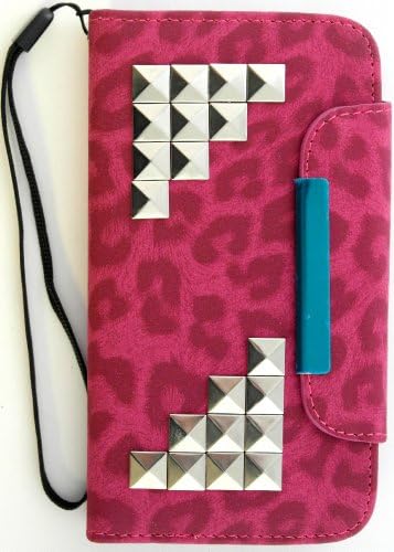 Wireless Fones Branded Pink Leopard Pattern Stud Rivet Trendy Faux Leather Wallet Clutch Case for Samsung Galaxy SIV S4 I9500 (Wristband included)