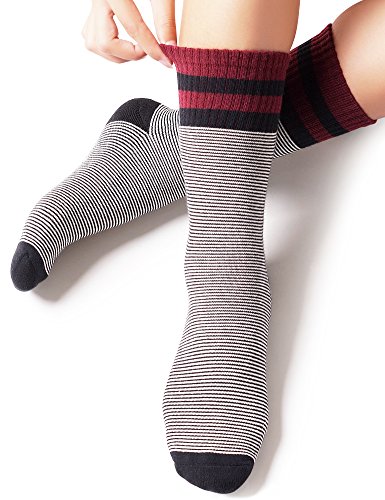 VERO MONTE 4 Pairs Winter Striped Cotton Crew Socks - Thick Warm Socks for Women
