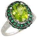 18k White Gold Oval Diamond Ring, w/ 0.06 Carat Brilliant Cut Diamonds, 0.66 Carat Brilliant Cut Emerald Stones & 2.84 Carats Oval Cut Peridot Stone, 5/8" (16mm) wide