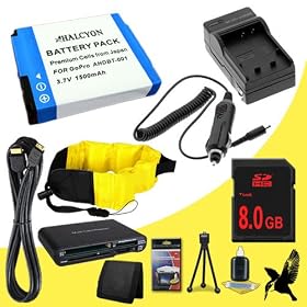 Halcyon 1500 mAH Lithium Ion Replacement Battery + External Rapid Charger + 8GB SDHC Class 10 Memory card + Mini HDMI Cable + Waterproof Floating Strap + Multi Card USB Reader + Memory Card Wallet + Deluxe Starter Kit for GoPro HD Hero, HD Hero2, HD HERO Naked
