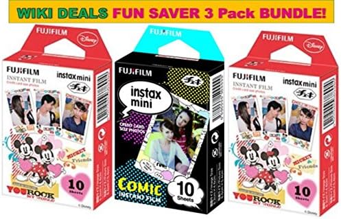 Fujifilm Instax Mini 3 Pack BUNDLE ★ 1 X Comic Film ★ 2 X Mickey Film ★ 10 sheets X 3 Pack = 30 Sheets! ★BONUS-FREE★ Wiki Deals Colorful Micro Fiber Cloth!