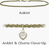 10 Karat 10 Yellow Gold Wheat Style White Stone Heart Charm Anklet