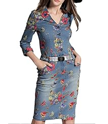 V-neck Elasticized   Waistline General Print Denim  Dress