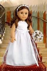 My First Communion - White satin communion dress for american girl doll with matching headband and white leather dress shoes - American Girl Doll Clothes