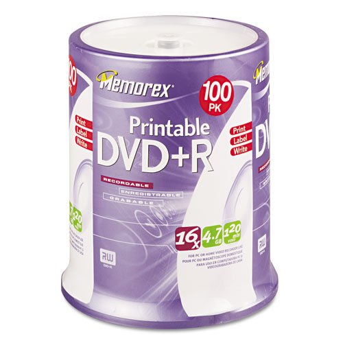 Memorex Inkjet Printable DVD+R Discs, 4.7GB, 16x, Spindle, Matte White, 100/Pack