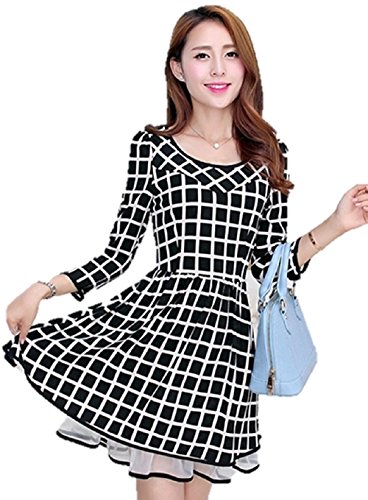 ウィンドチェック柄 格子柄 ワンピース 7分袖 ラウンドネック フレアスカート スウィングドレス プリンセスドレス フリルスカート クマのぬいぐるみ付き K-842