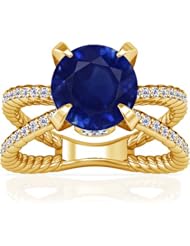 18K Yellow Gold Round Cut Blue Sapphire Ring With Sidestones (GIA Certificate)