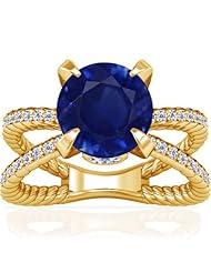 14K Yellow Gold Round Cut Blue Sapphire Ring With Sidestones (GIA Certificate)