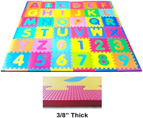 Alpha-Numeric Floor Play Mat - 26 Alphabet Letters (A to Z) + 10 Numbers (0 to 9) = Total of 36 Interlocking Tiles - Includes 24 Straight Edges For A Clean Finish. Covers 6'x6'. Comes in Zippered Storage Bag