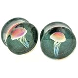 Pair of Glass Double Flared Amber Purple Jellyfish Plugs: 00g Indigo Sparkle