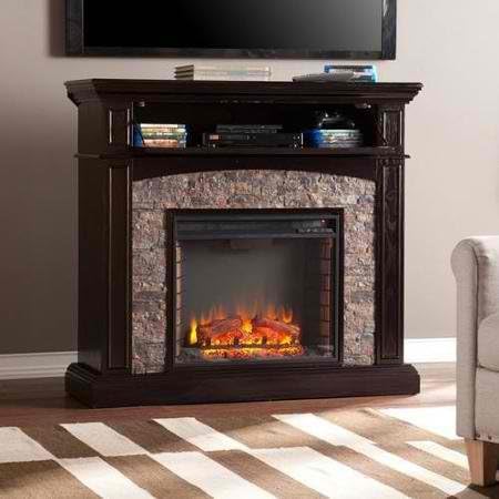 Electric Fireplace Console With Faux Stone For TV's Up To 42", Ebony 45.5"W x 15.75 x 42"H (Flat), 45.5"W x 28"D x 42"H (Corner)