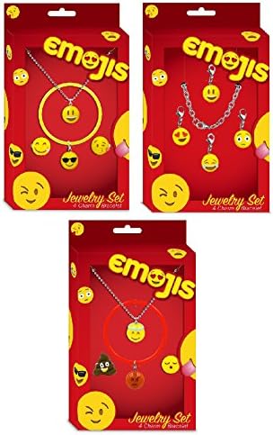 Emojis Jewelry Sets (2 &amp; 3 Packs) with Interchangeable Charm Bracelets, Rings, and Pendants Perfect for Holiday Gifts (Two Jewelry Sets w/ Charm Bracelet- A)